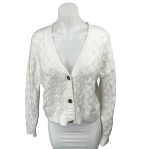 Pink Rose White Argyle Knit Long Sleeve Button Down Cardigan Sweater Top Size L